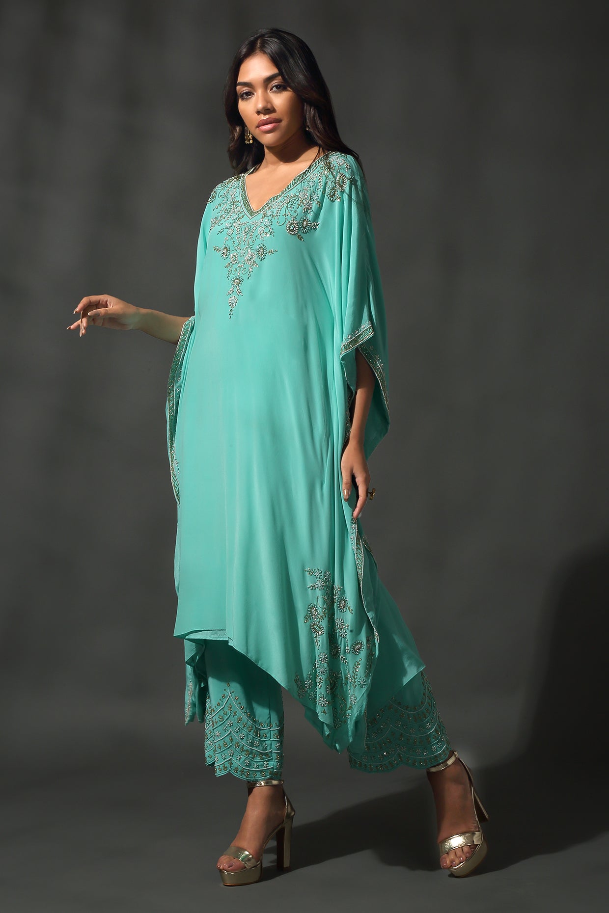 Turquoise Silk Kaftan Set