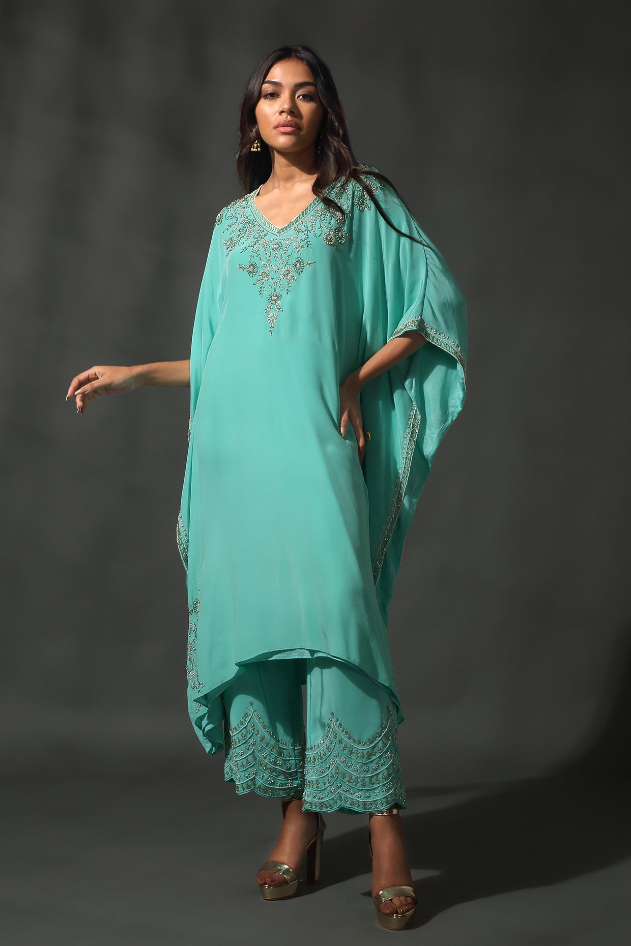 TURQUOISE BLUE SILK KAFTAN SET