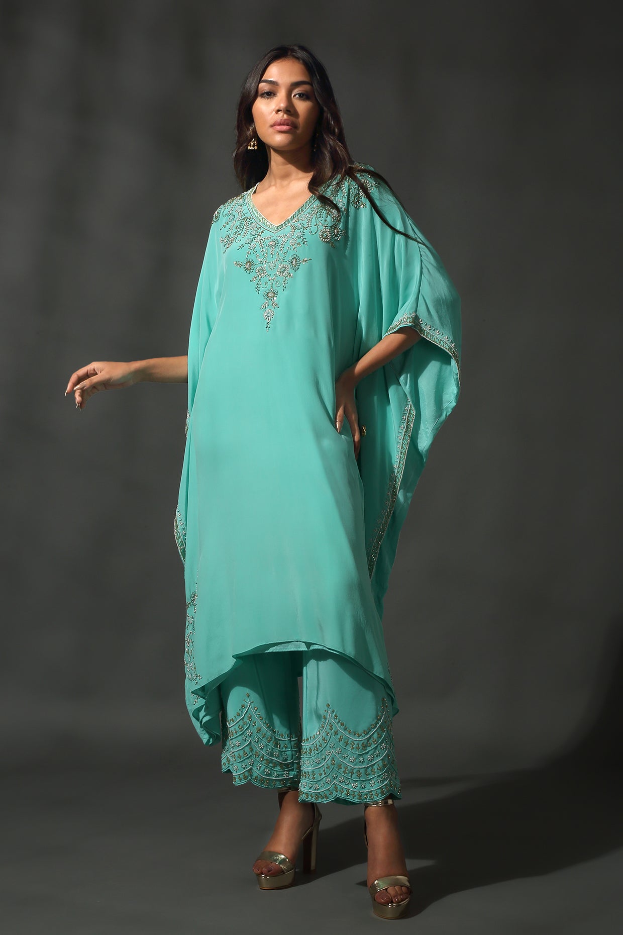 Turquoise Silk Kaftan Set