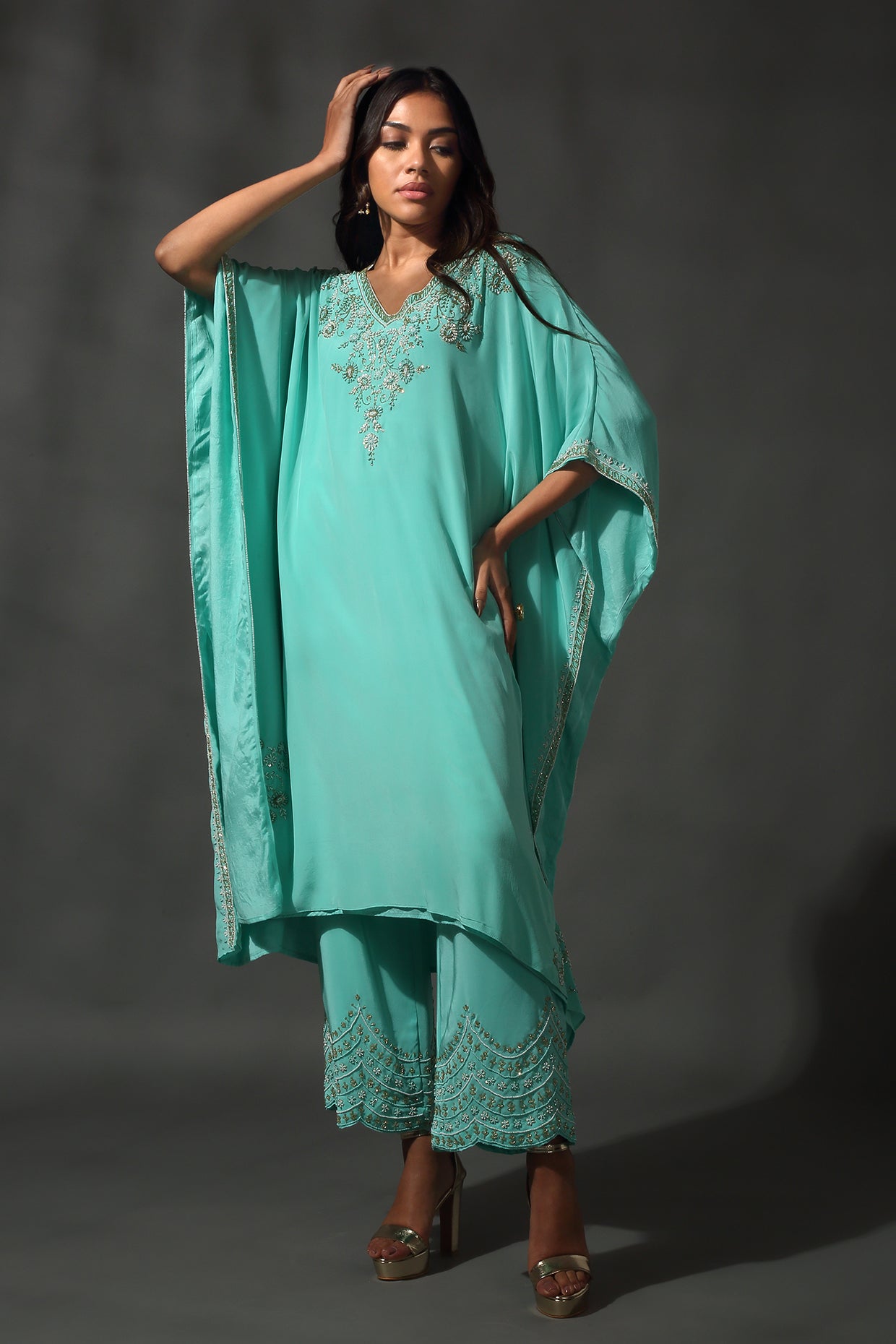 Turquoise Silk Kaftan Set