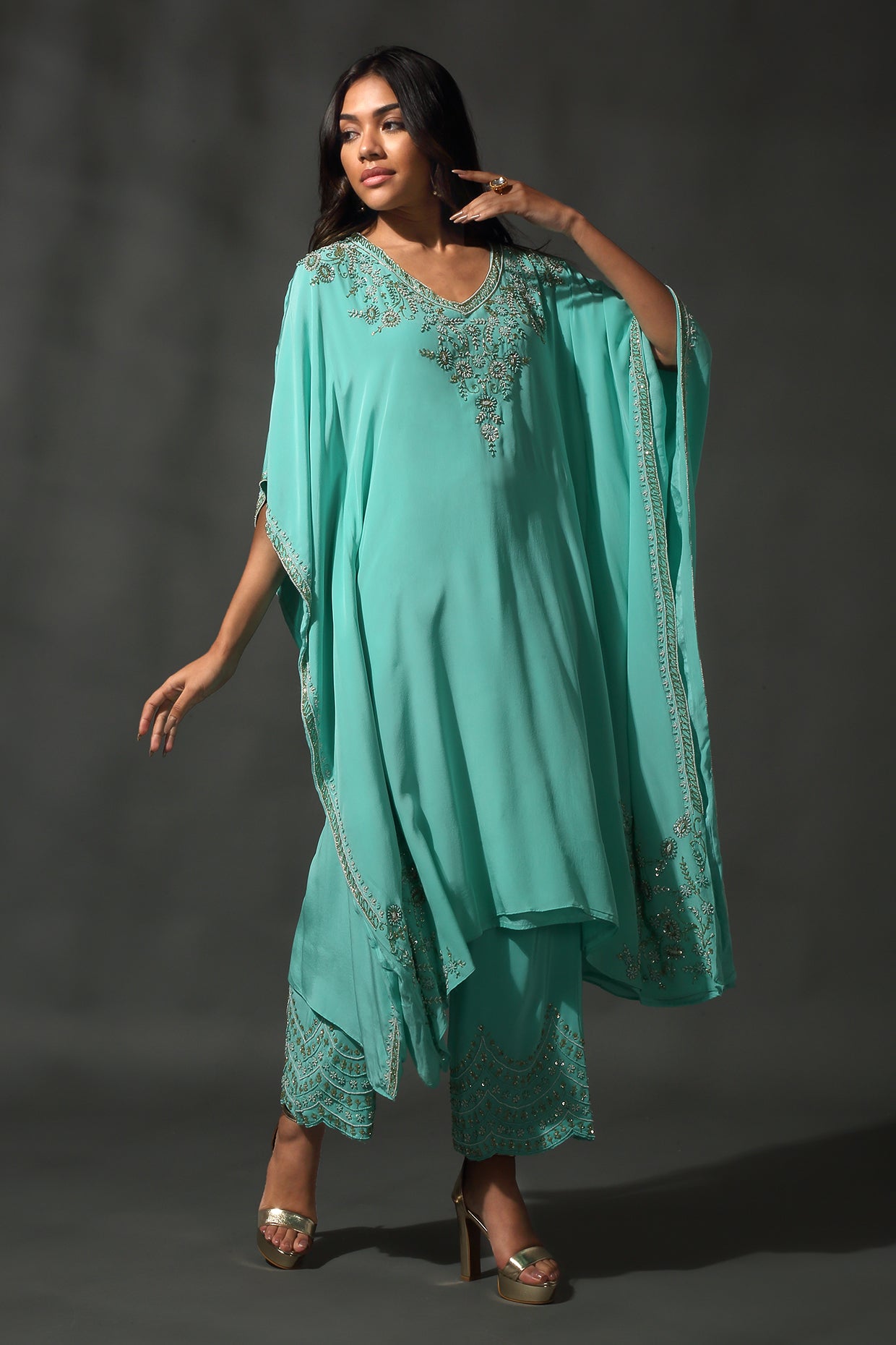 Turquoise Silk Kaftan Set