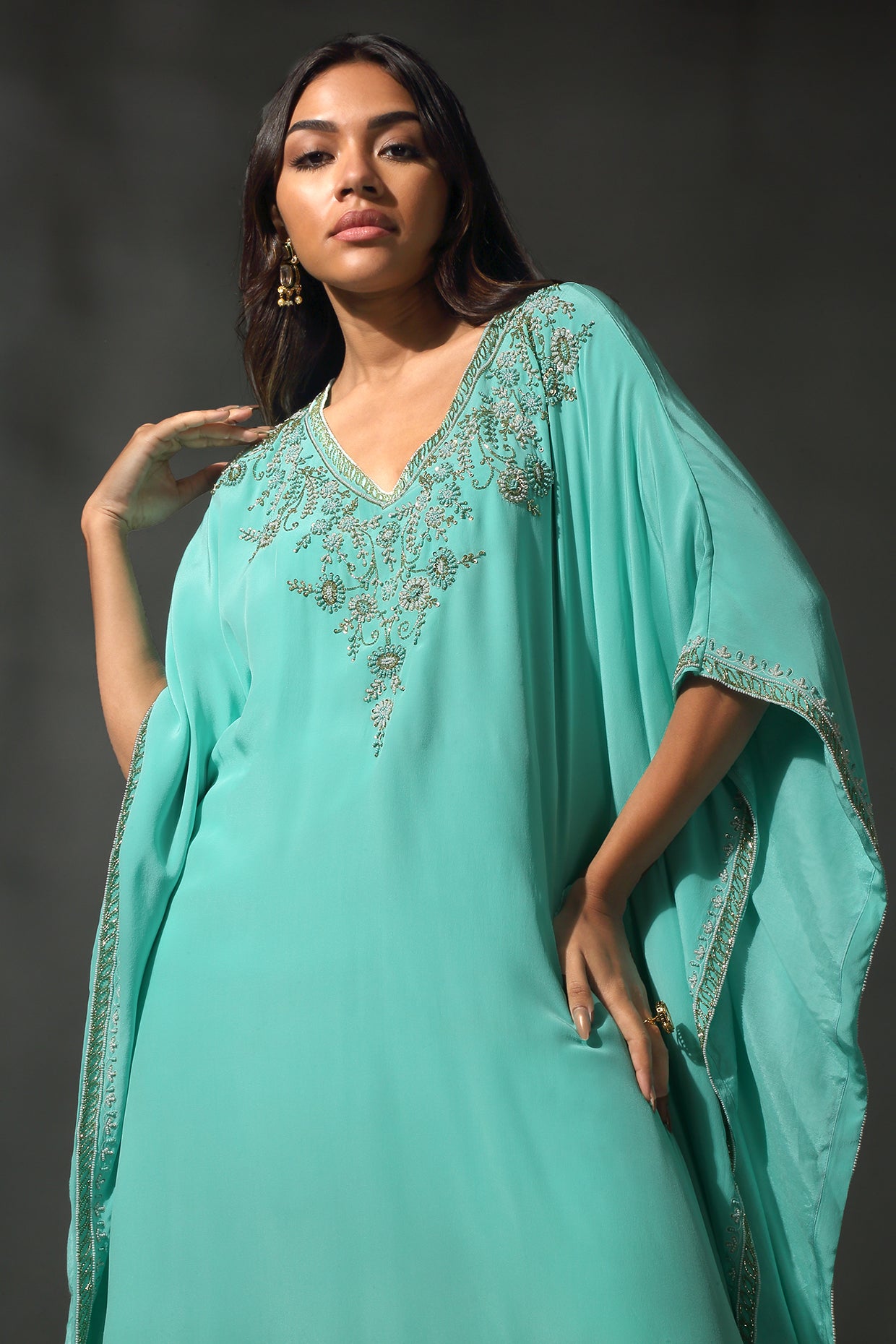 TURQUOISE BLUE SILK KAFTAN SET