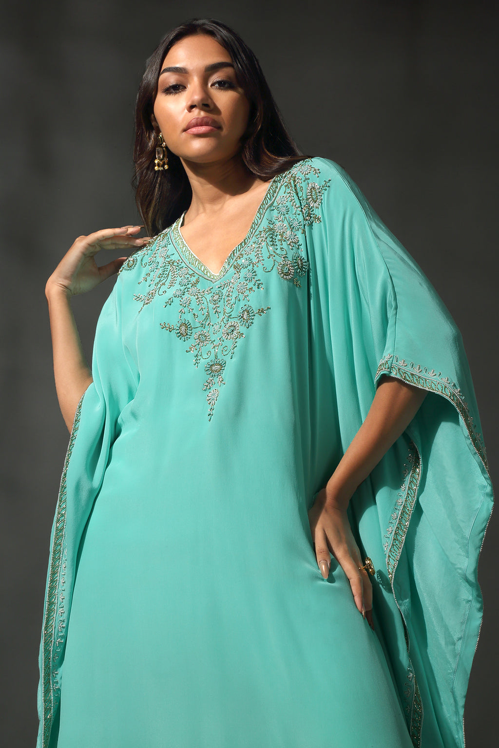 Turquoise Silk Kaftan Set