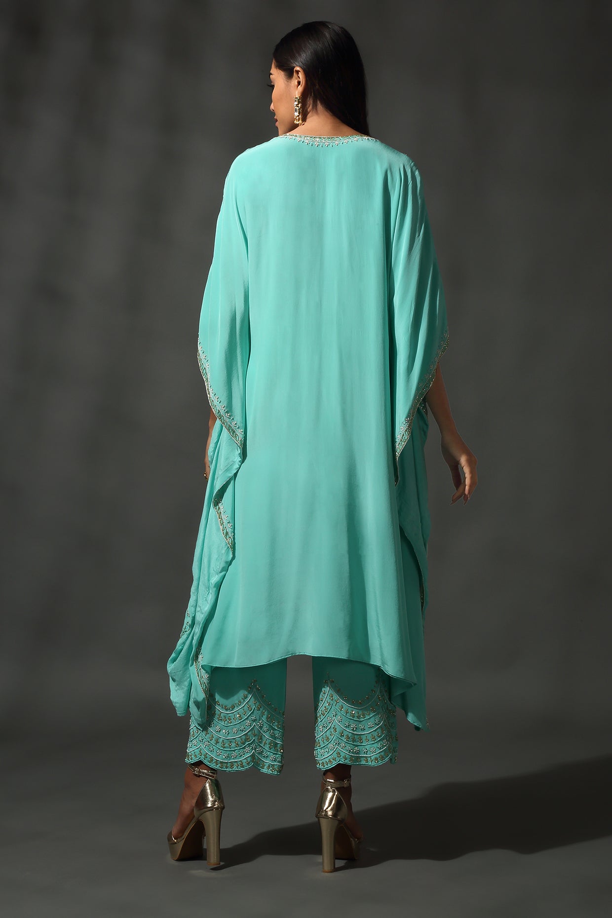 TURQUOISE BLUE SILK KAFTAN SET