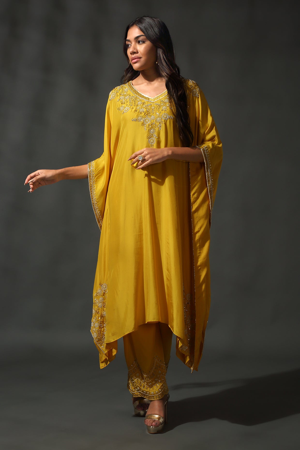 Yellow Silk Kaftan Set