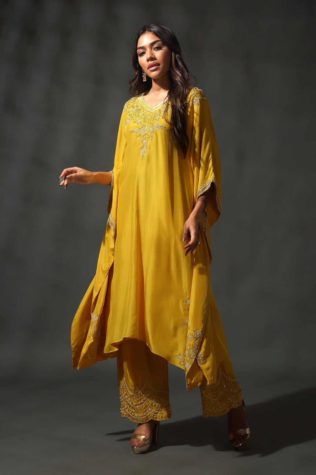 Yellow Silk Kaftan Set