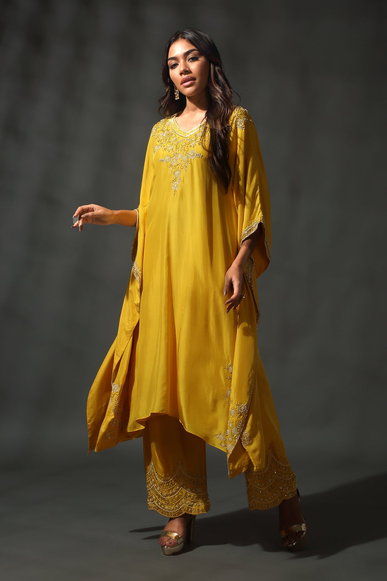 Yellow Silk Kaftan Set