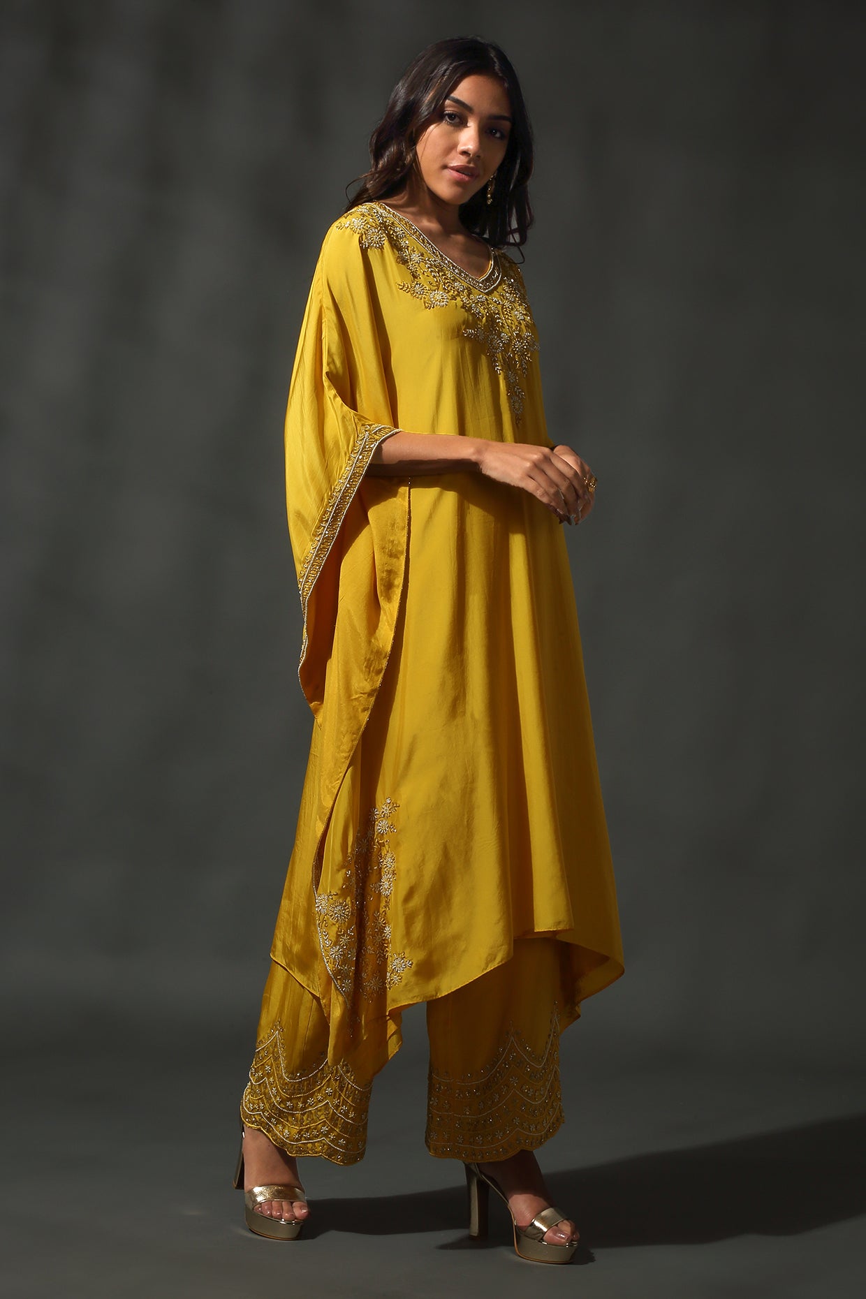 Yellow Silk Kaftan Set