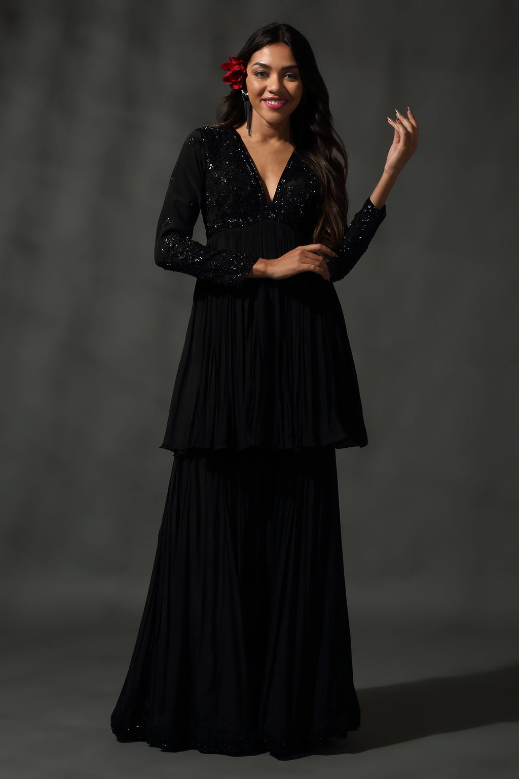 Black Embroidered Sharara Set
