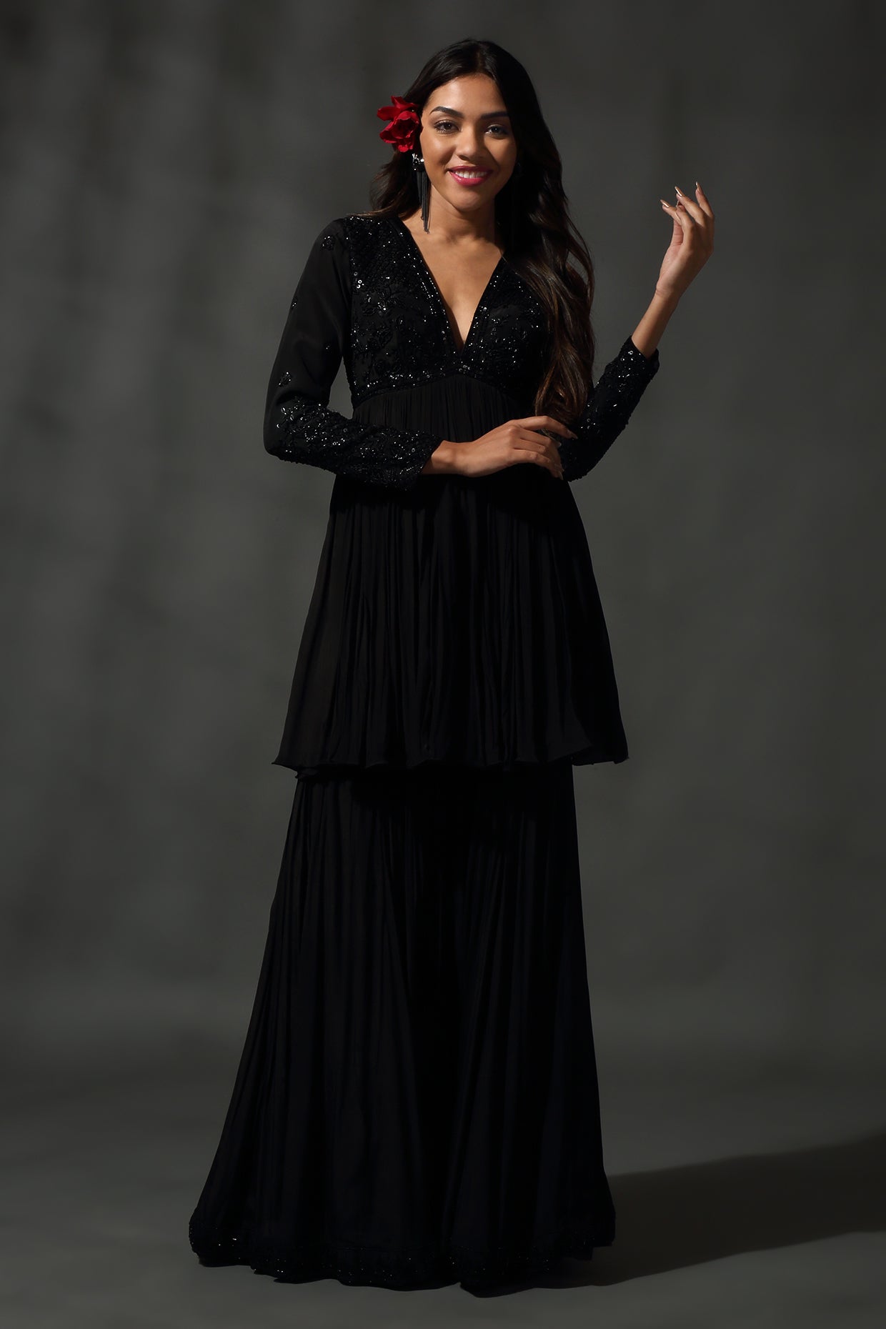 Black Embroidered Sharara Set