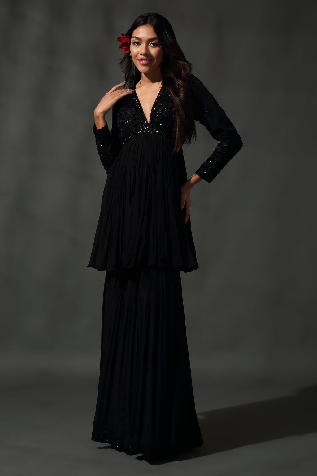 Black Embroidered Sharara Set