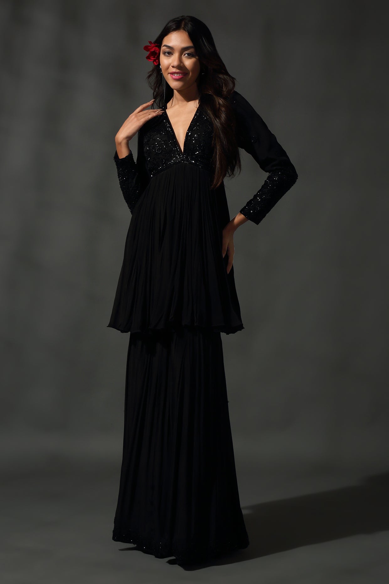 Black Embroidered Sharara Set