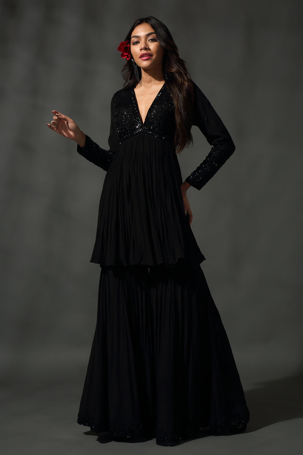 Black Embroidered Sharara Set
