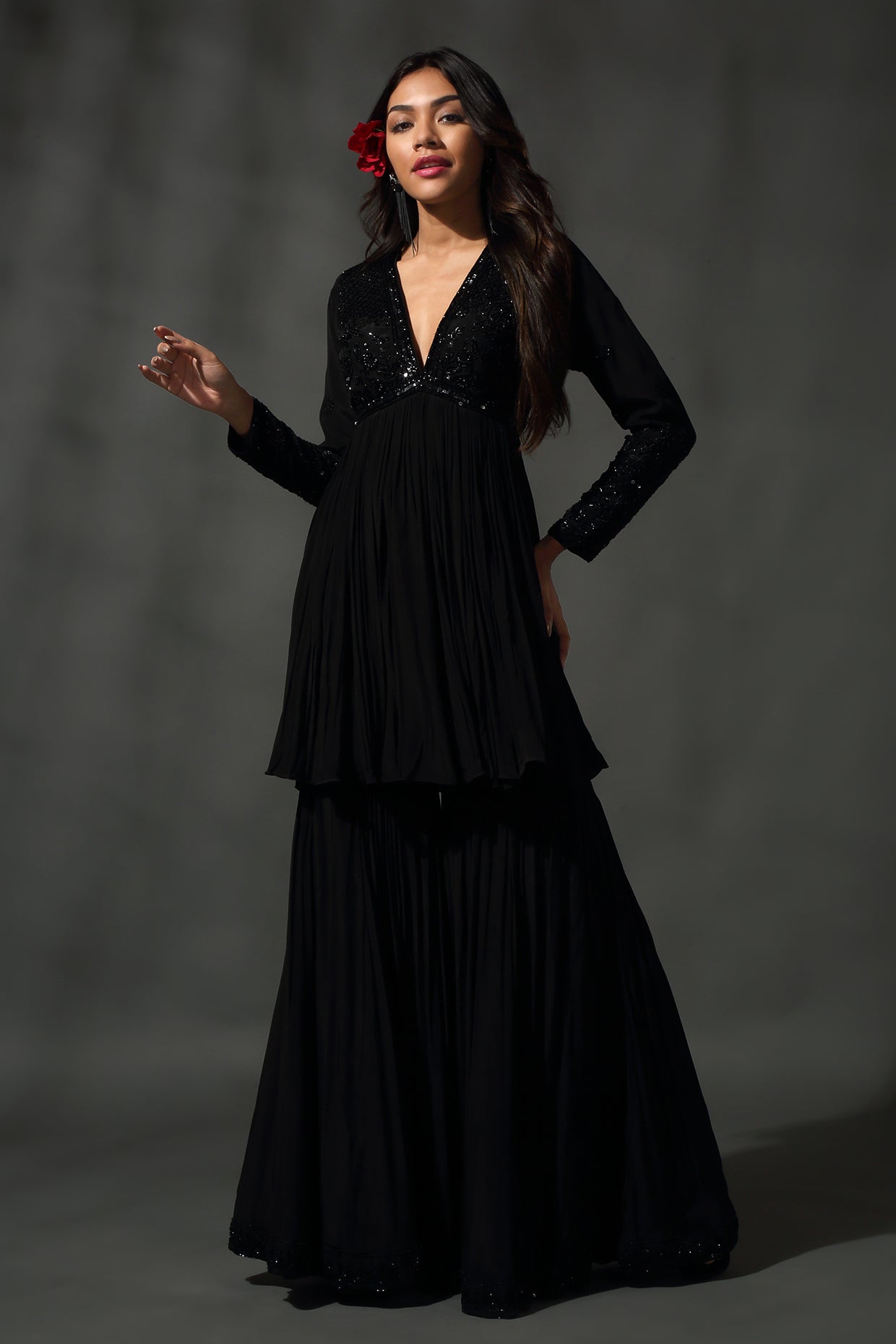 Black Embroidered Sharara Set