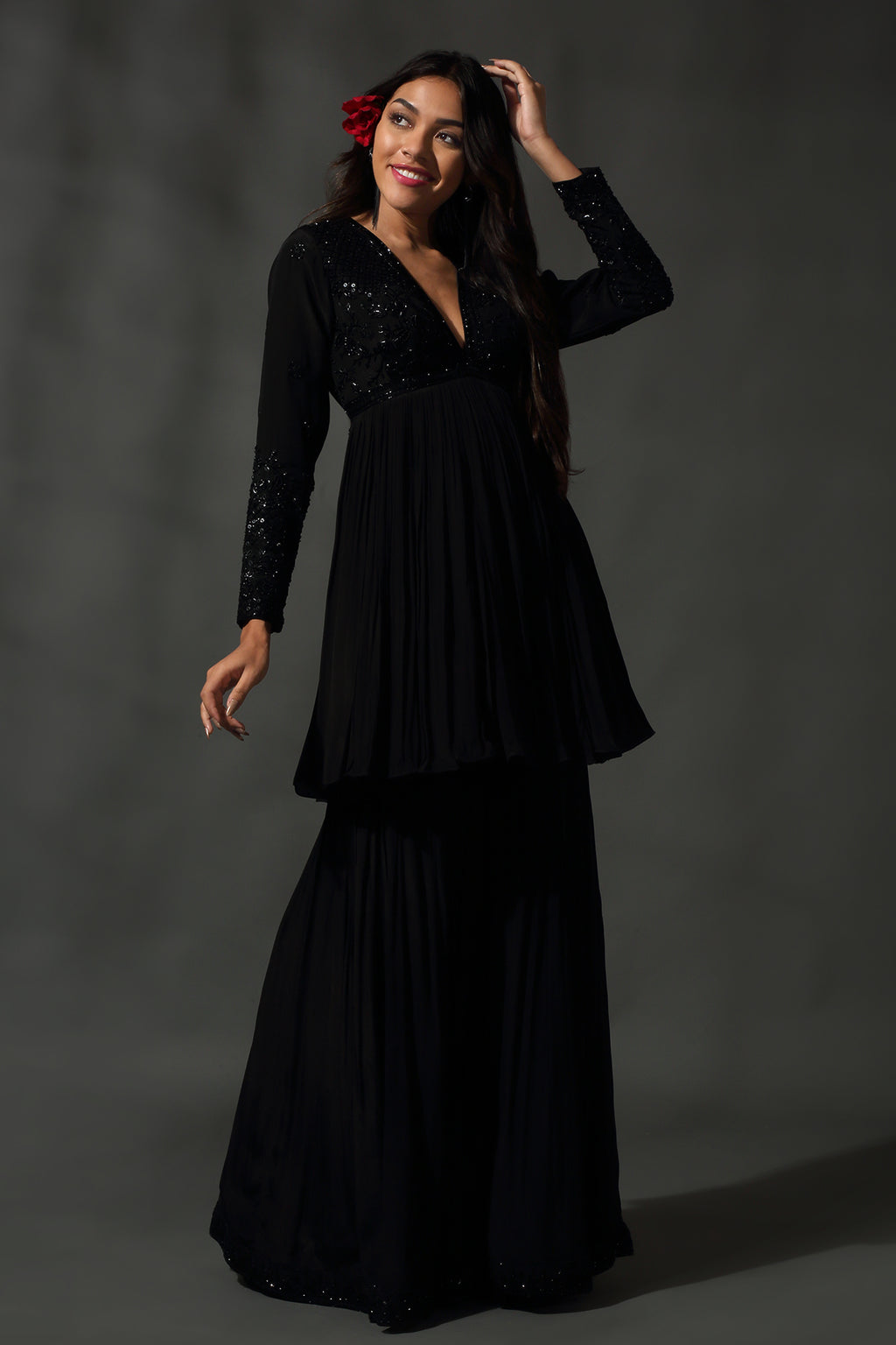 Black Embroidered Sharara Set