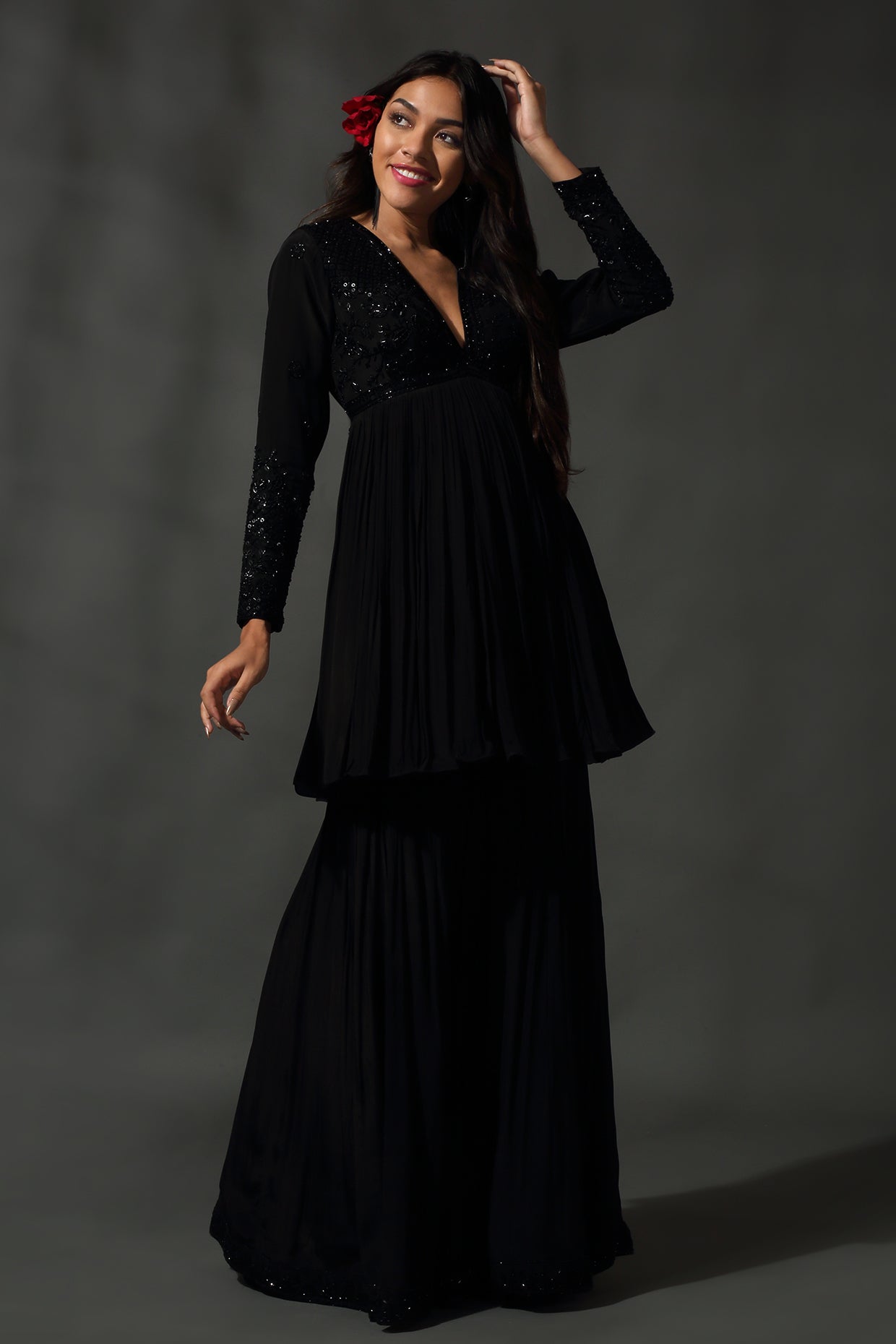 Black Embroidered Sharara Set