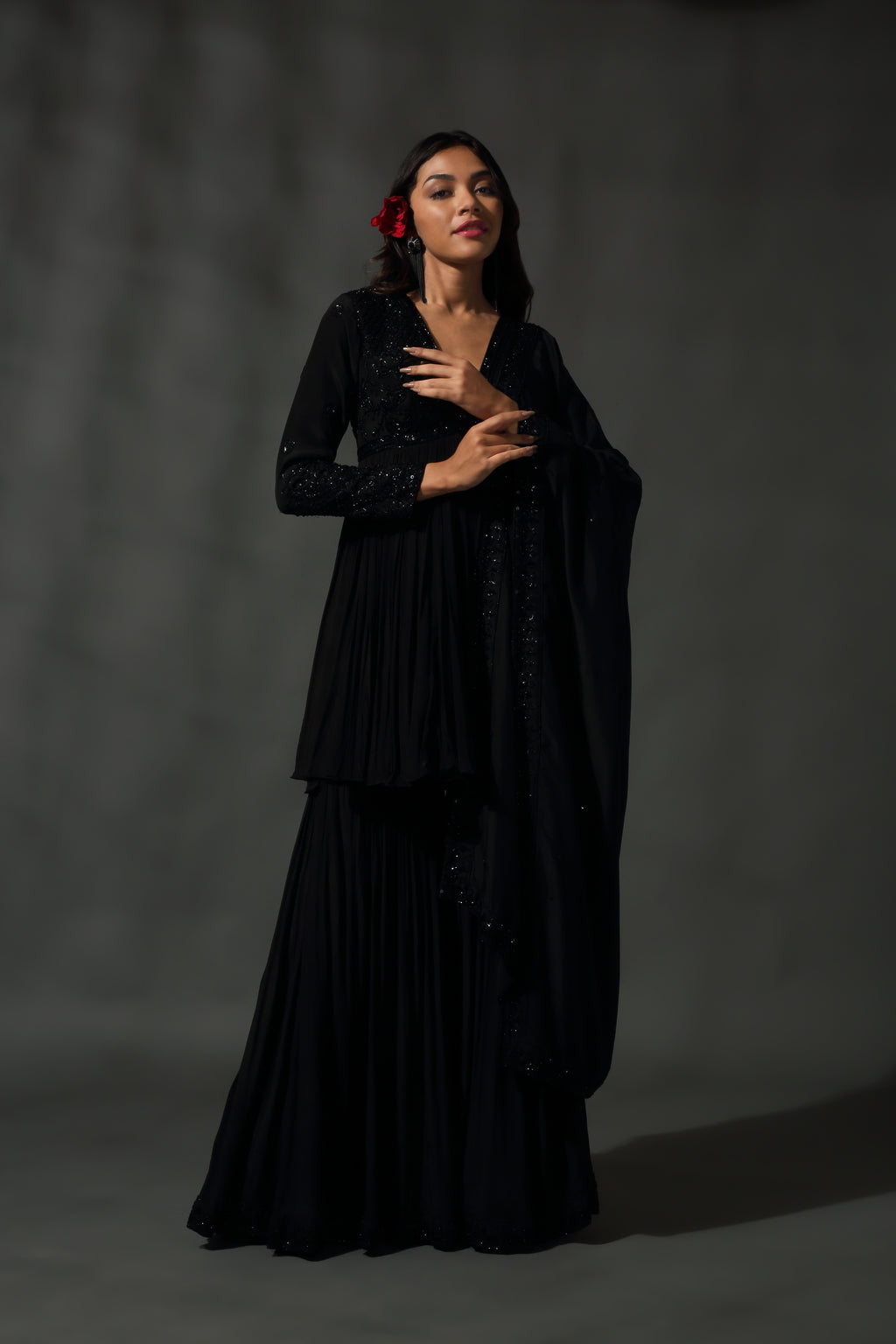 Black Embroidered Sharara Set