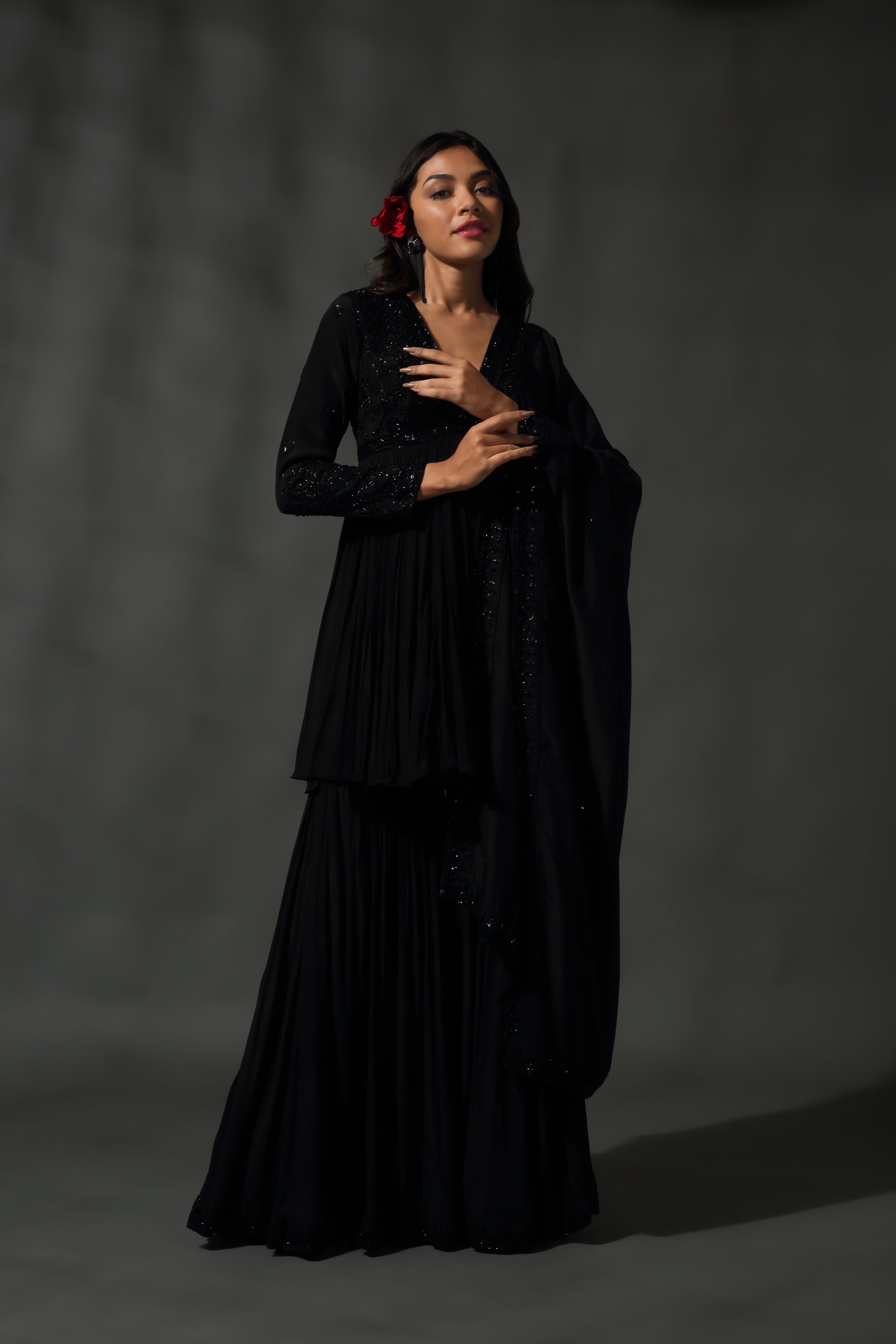 Black Embroidered Sharara Set