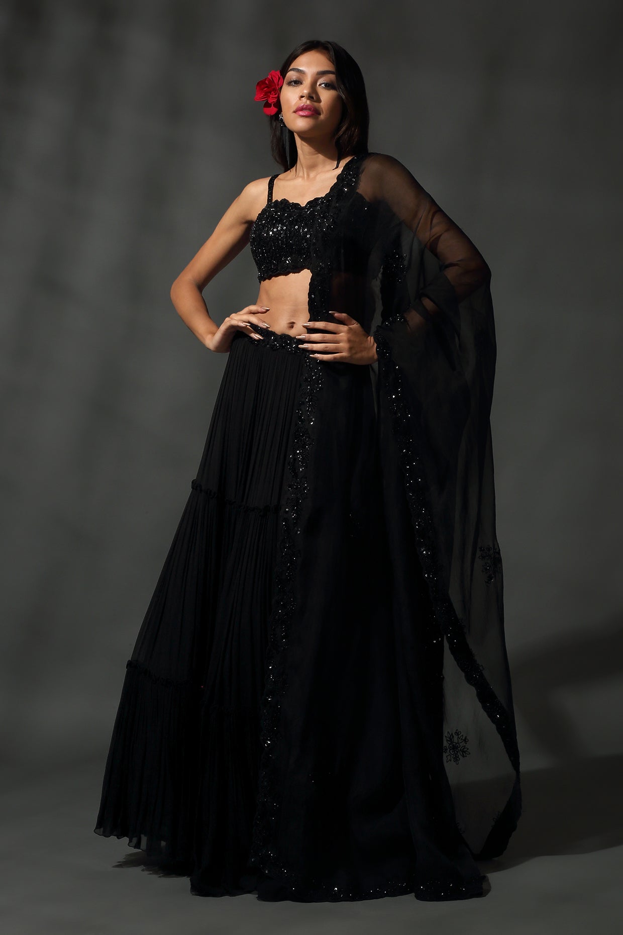 BLACK HAND EMBROIDERED LEHENGA SET