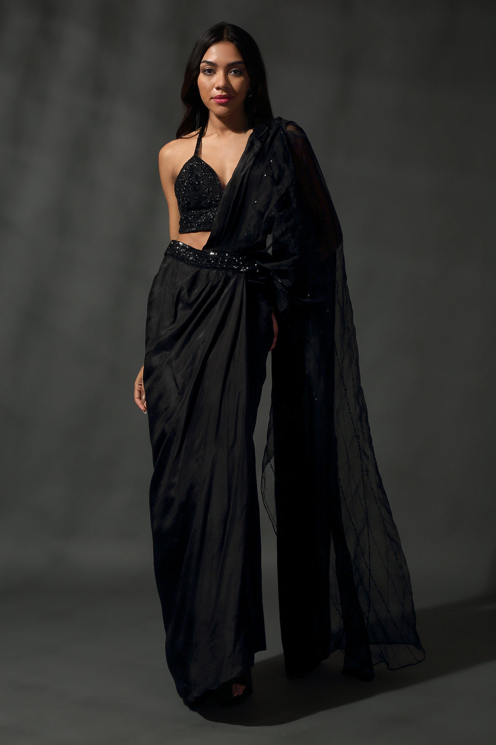 Black Pre Stitched Drape Saree