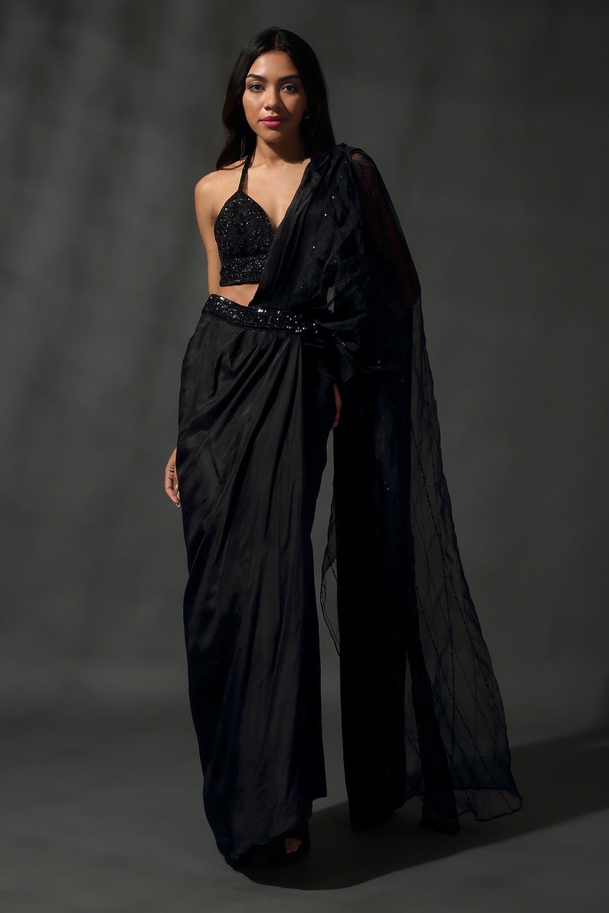 Black Pre Stitched Drape Saree