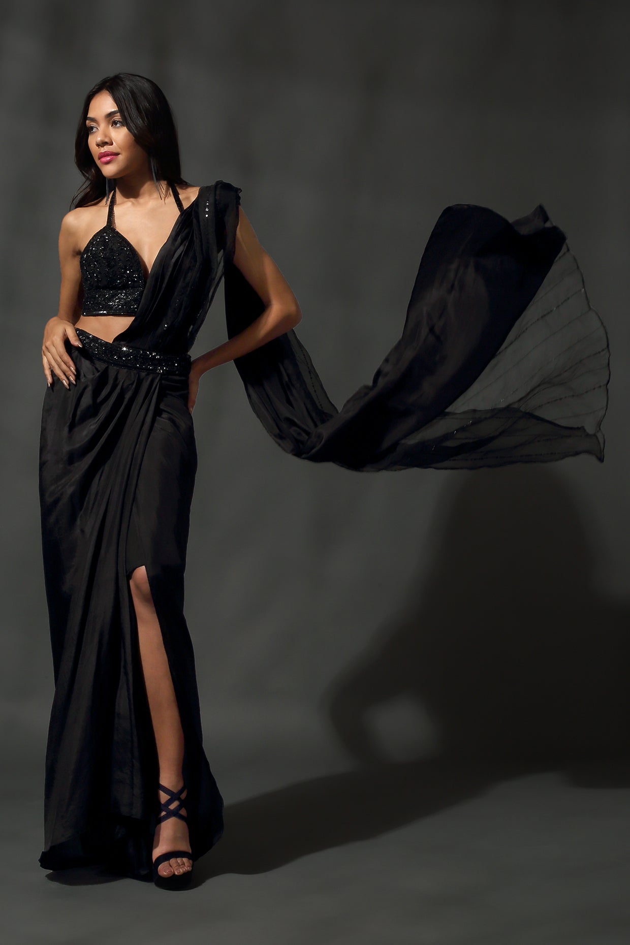 Black Pre Stitched Drape Saree