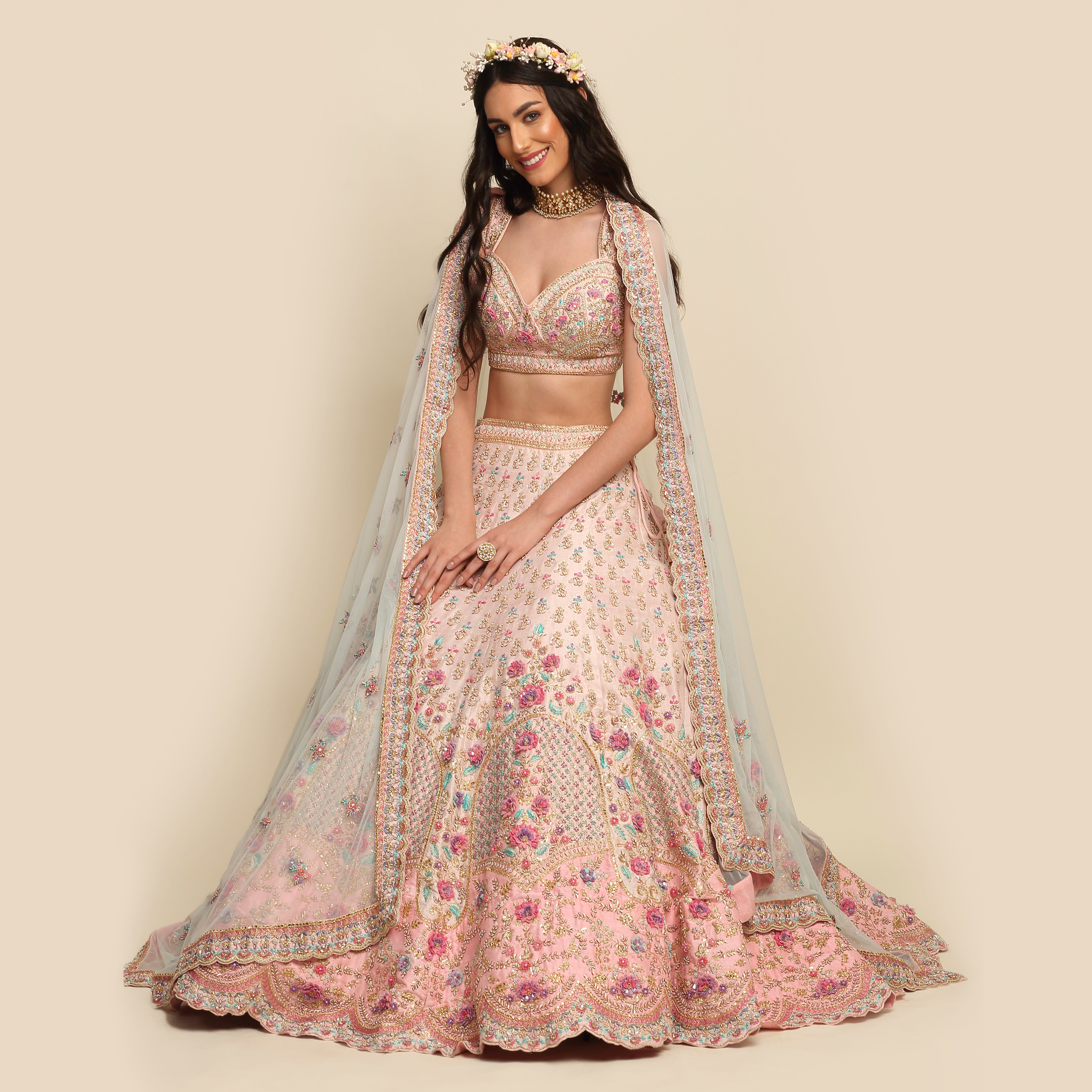 Pastel Pink Hand Embroidered Bridal Lehenga set