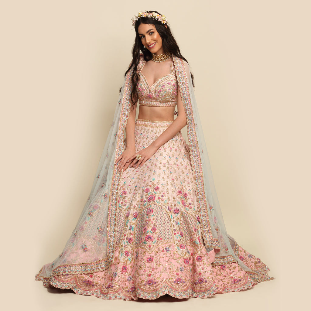 Pastel Pink Hand Embroidered Bridal Lehenga Set