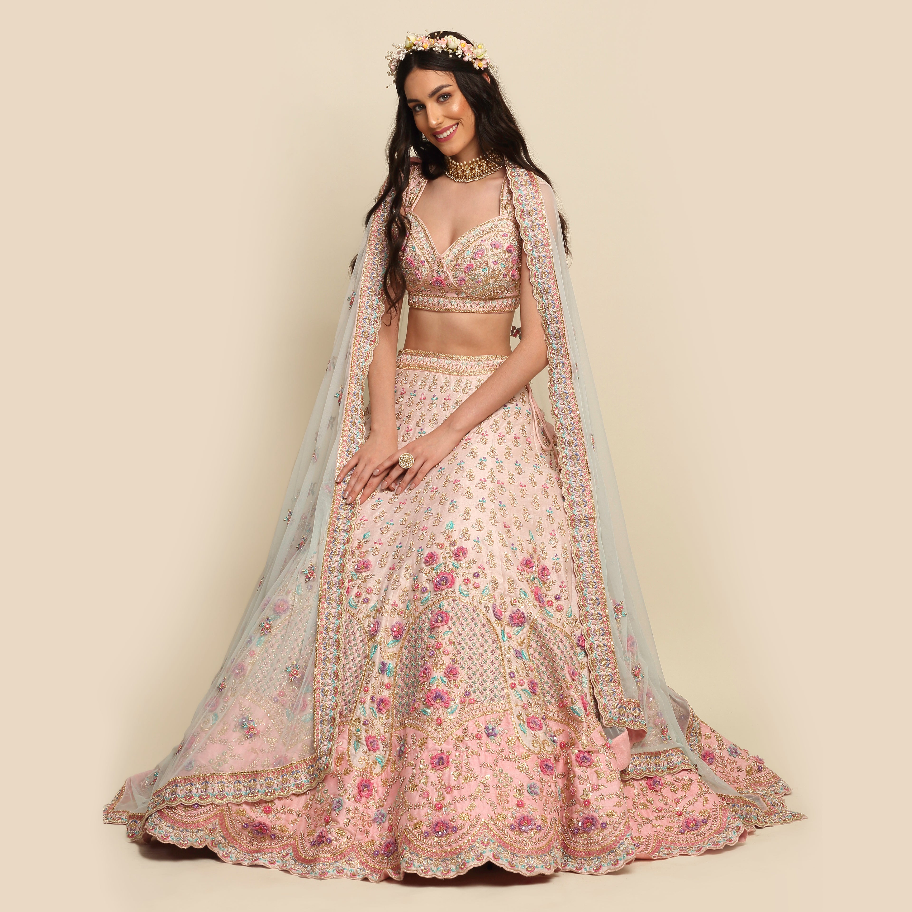 Pastel Pink Hand Embroidered Bridal Lehenga Set