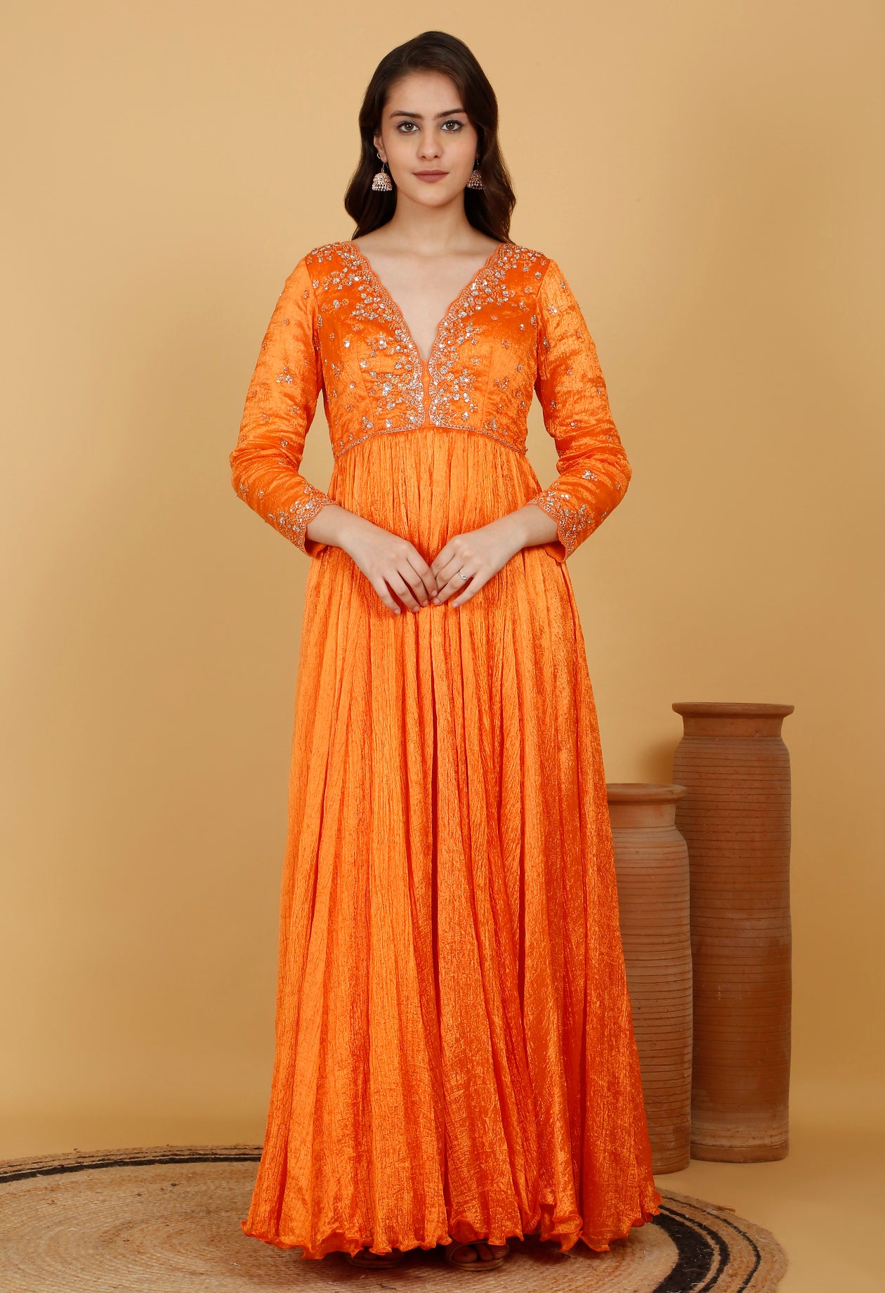 Orange Crinkle Anarkali Set