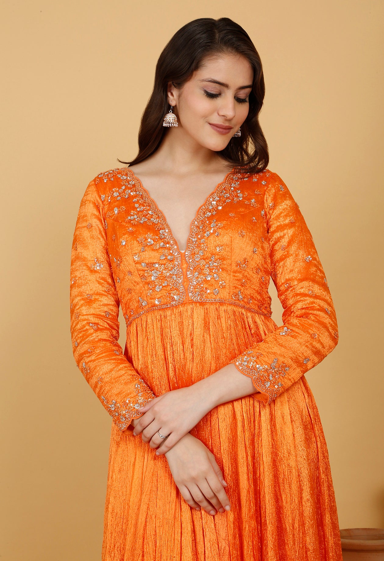 Orange Crinkle Anarkali Set