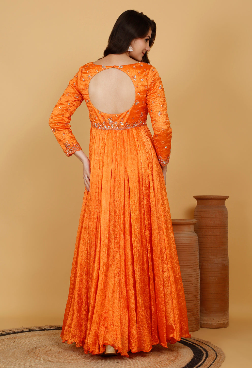 Orange Crinkle Anarkali Set