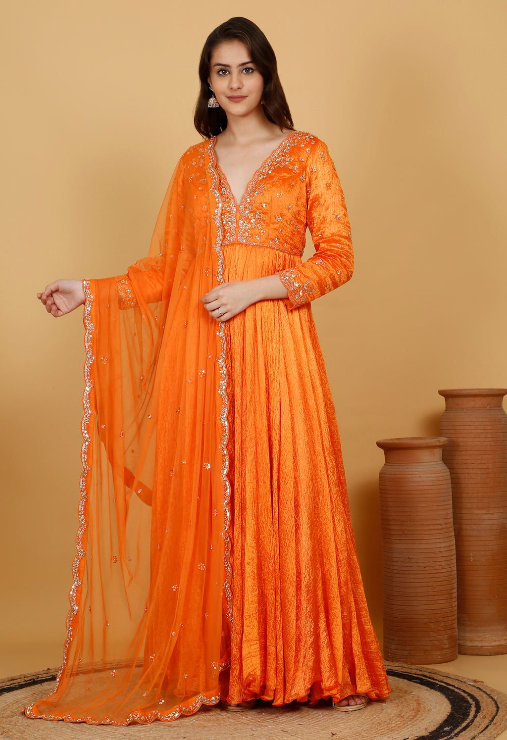 Orange Crinkle Anarkali Set