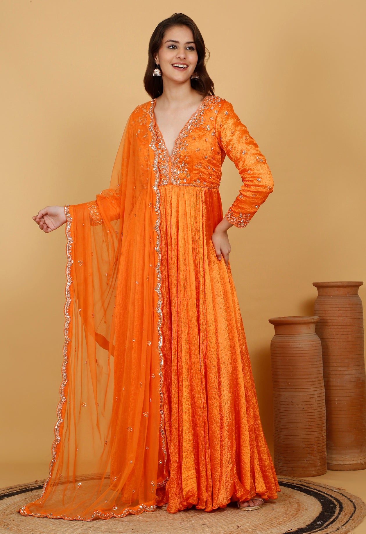 Orange Crinkle Anarkali Set