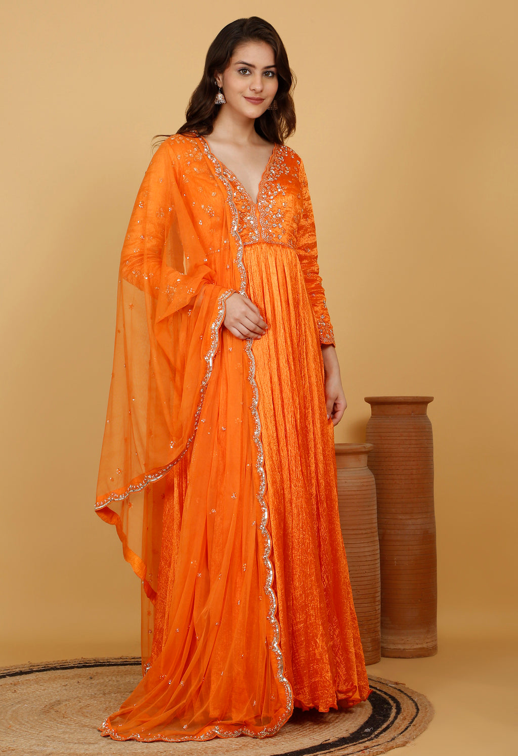 Orange Crinkle Anarkali Set