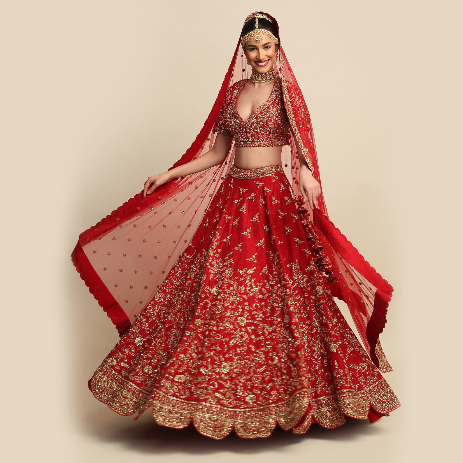 Electric Red Hand Embroidered Bridal Lehenga Set