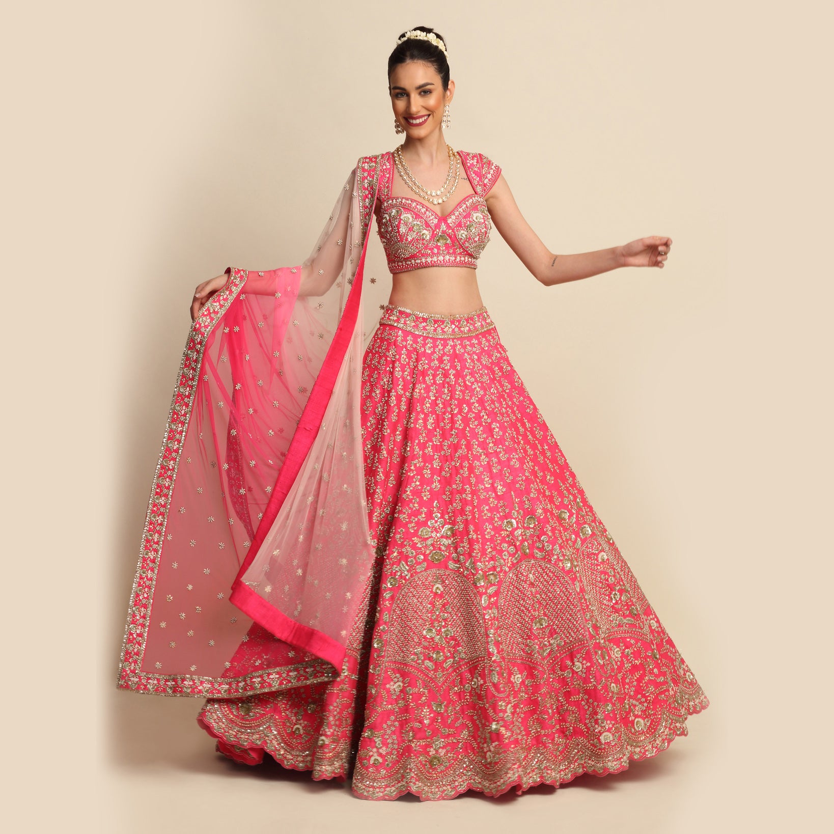 Fuchsia Pink Hand Embroidered Bridal Lehenga Set