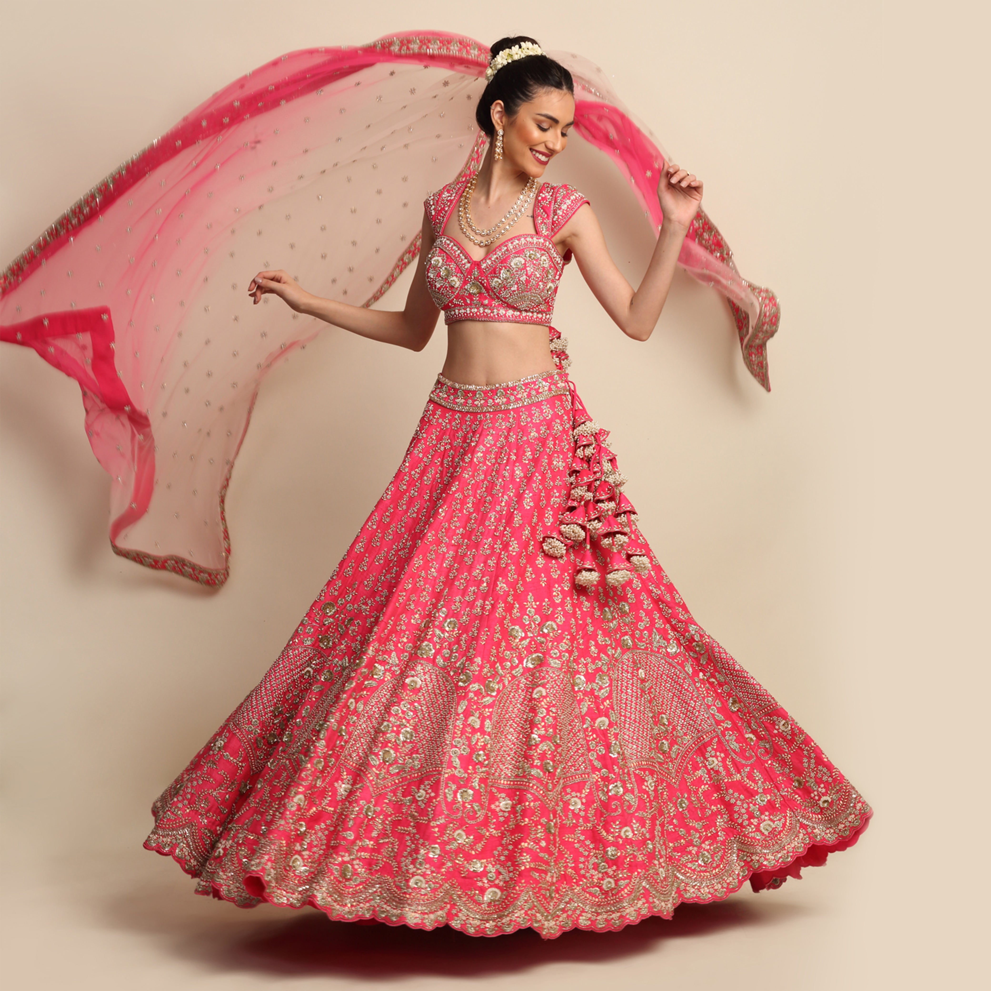 Fuchsia Pink Hand Embroidered Bridal Lehenga set