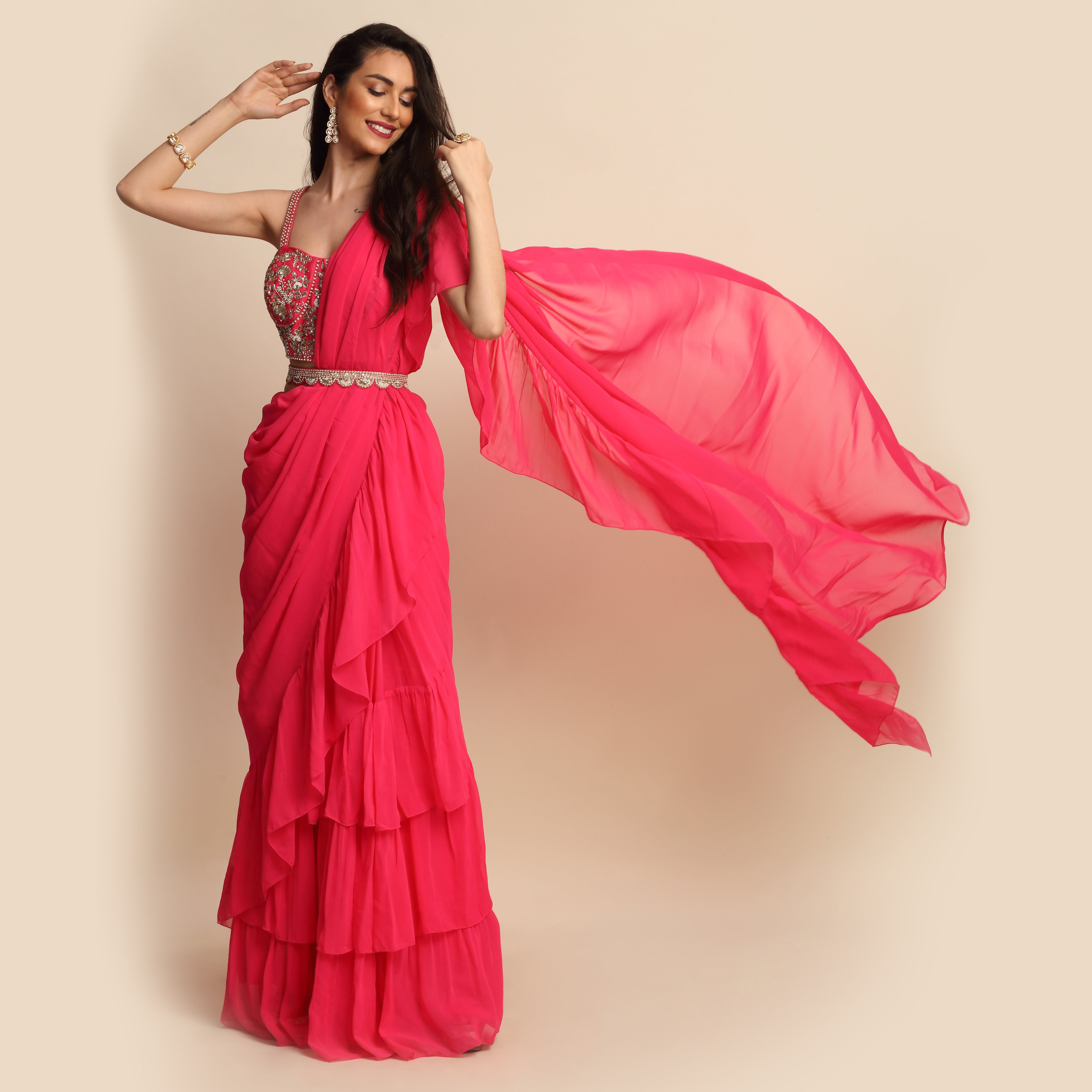 Fuchsia Pink Georgette Saree Set