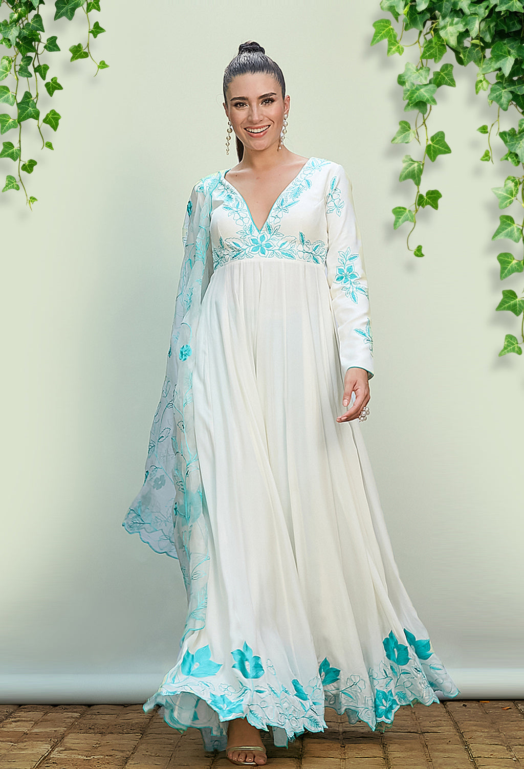 White Crepe Anarkali Set