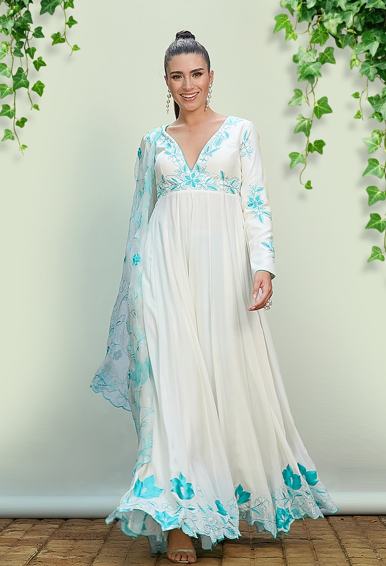 White Crepe Anarkali Set