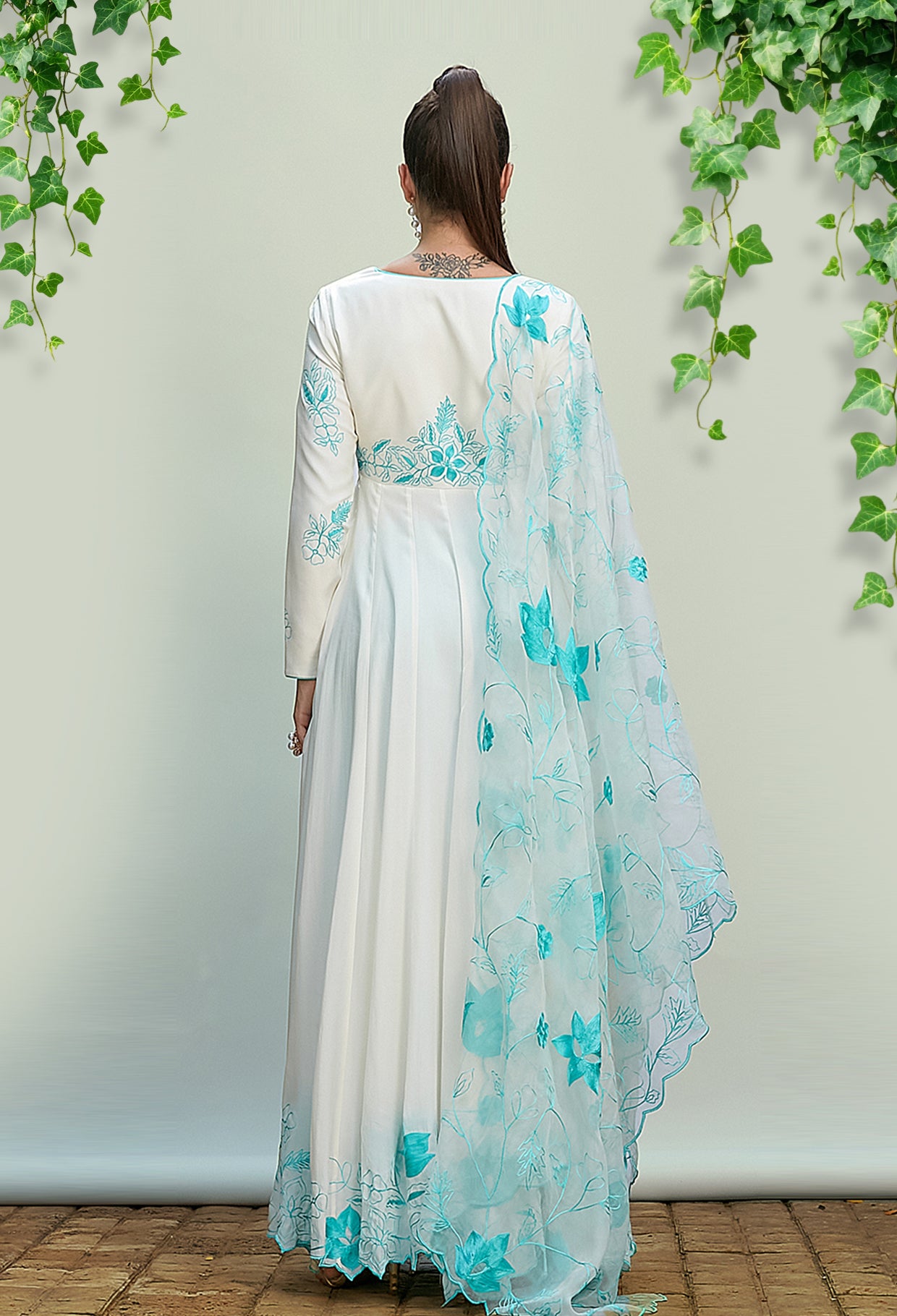 White Crepe Anarkali Set