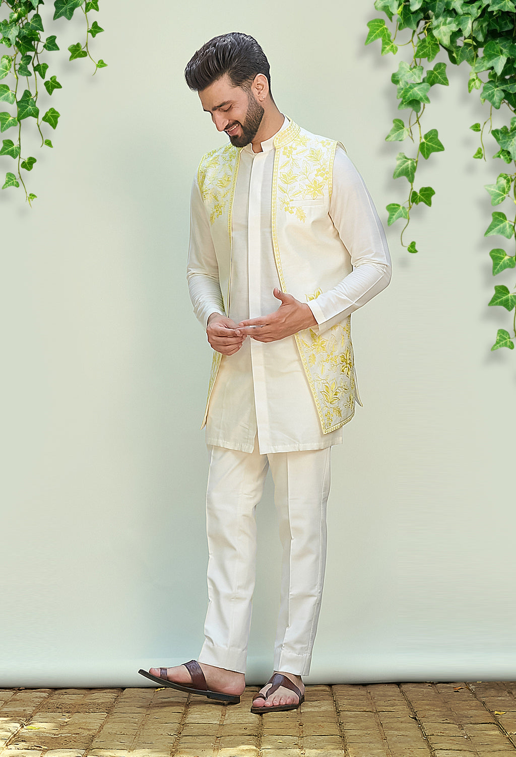 Ivory Short Kurta With Jacket Set