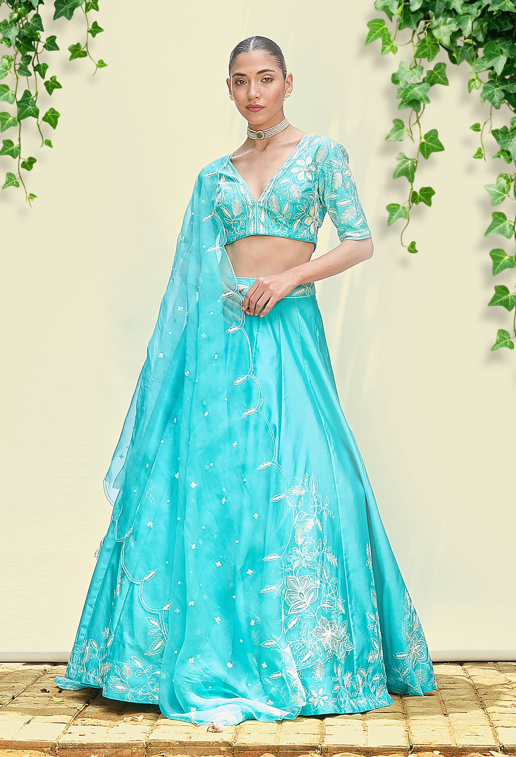 Turquoise Chanderi Lehenga Set