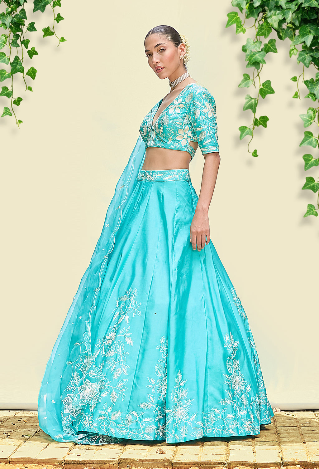 Turquoise Chanderi Lehenga Set