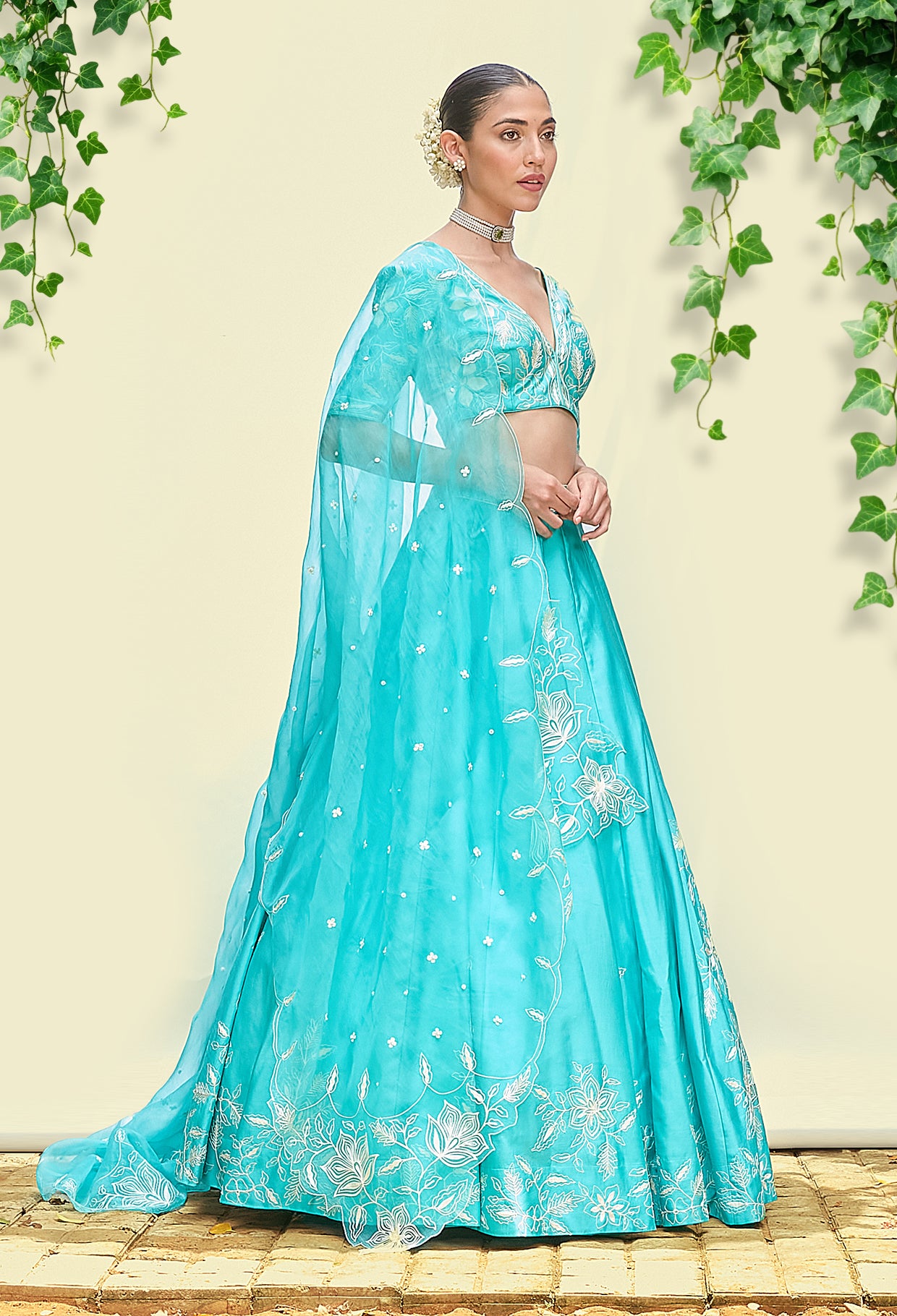 Turquoise Chanderi Lehenga Set