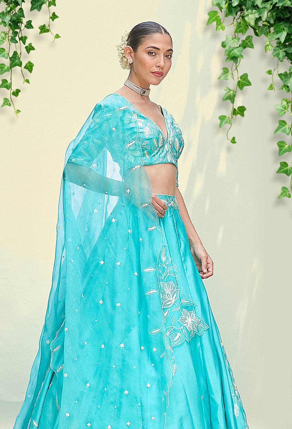 Turquoise Chanderi Lehenga Set