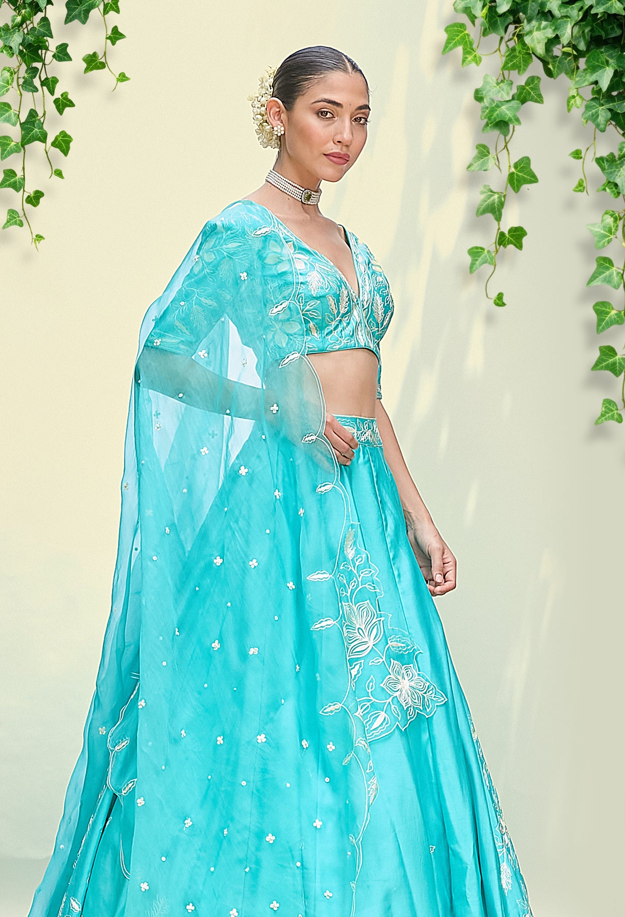 Turquoise Chanderi Lehenga Set