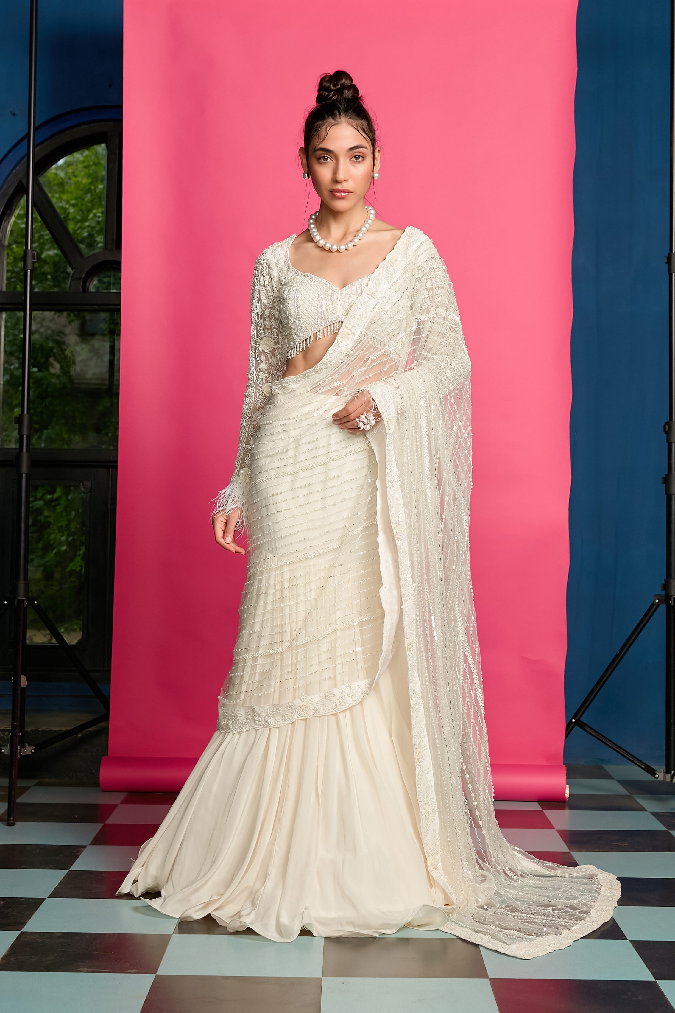 IVORY HAND EMBROIDERED DRAPED SAREE