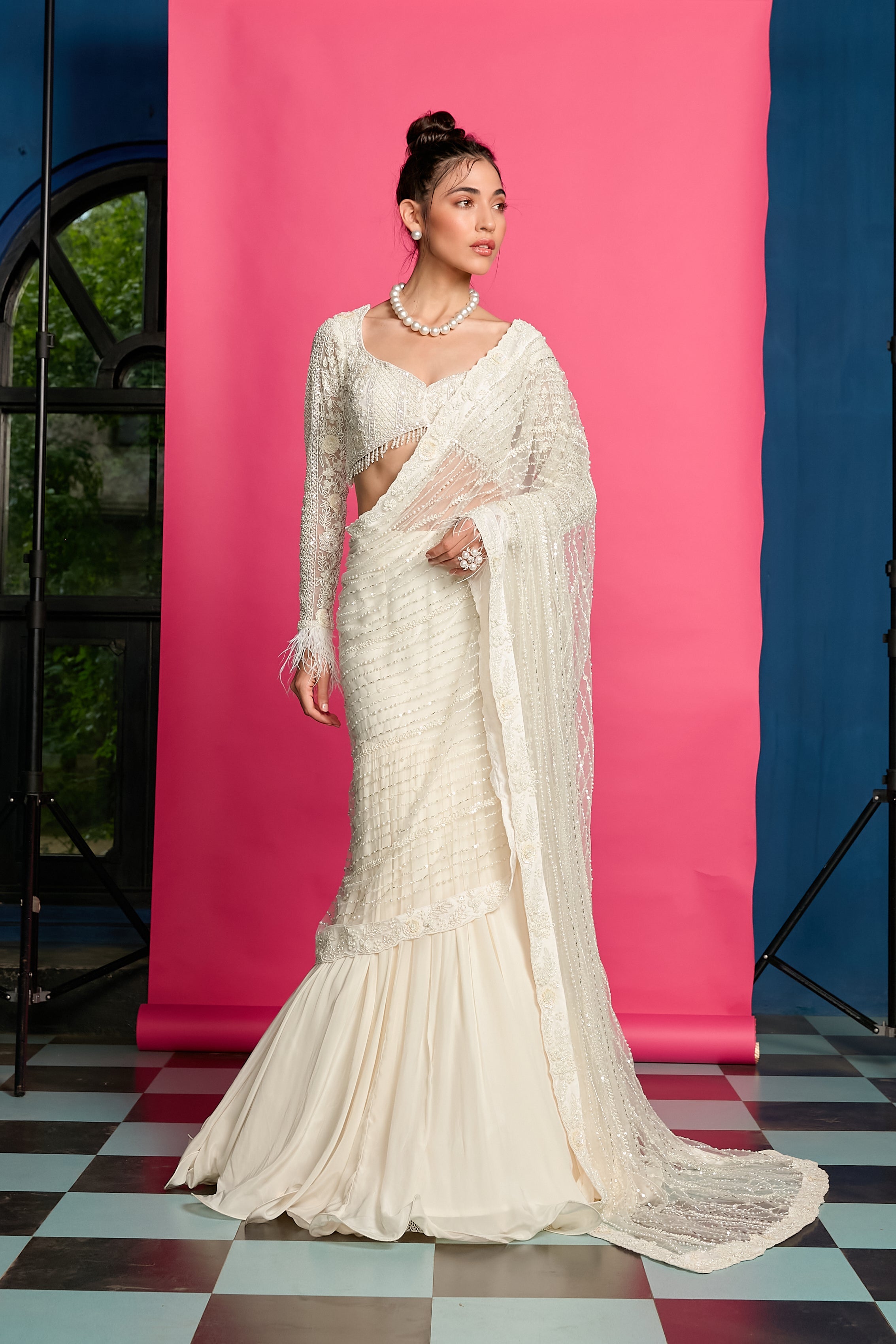 Ivory Hand Embroidered Draped Saree
